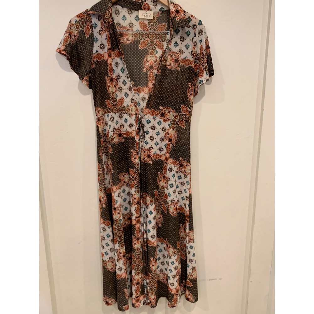 Amber Womens Patchwork Midi cardigan Dress S Brown Boho 70s Vibe Tie Front retro - Picture 2 of 7